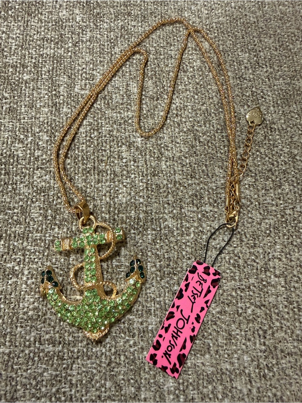 Betsey Johnson Gold Anchor Necklace with Green Crystals